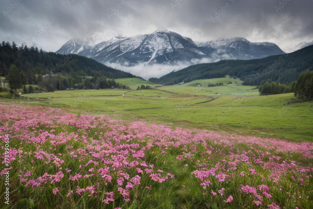 A lush green alpine meadow bursts with colorful wildflowers beneath a dramatic mountain peak in a breathtaking summer landscape