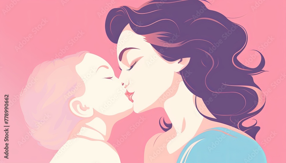 Intimate moment of a mother kissing her child's forehead , cute, simple 2d style pastel colors