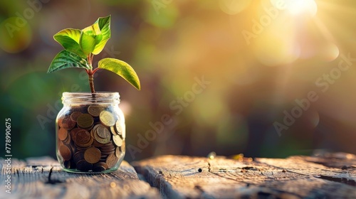 On a wooden surface, a jar brimming with coins fosters the growth of a lush plant, illustrating the symbiosis between financial wellness and the nurturing essence of nature.
