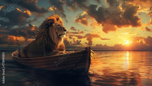 Lion riding a boat at dawn, realistic ,  cinematic style. © SalineeChot