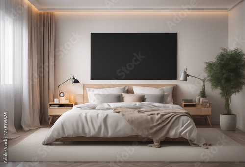 Blank poster on the wall of bedroom mock up background