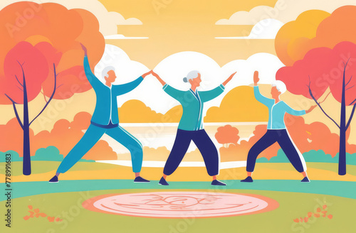 A group of elderly people doing Chinese gymnastics, qigong or fitness in the park. Active lifestyle. Longevity. Illustration