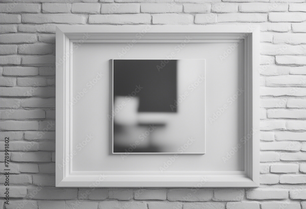 Blank white horizontal picture frame on the white brick wall Blank white horizontal picture frame on the white brick wall