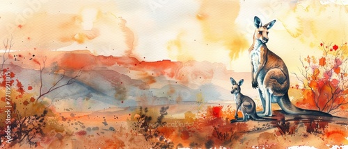 A serene watercolor painting of a mother kangaroo with her joey