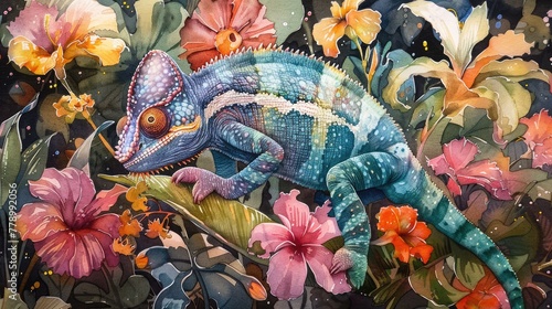 A watercolor chameleon changing colors among tropical flowers