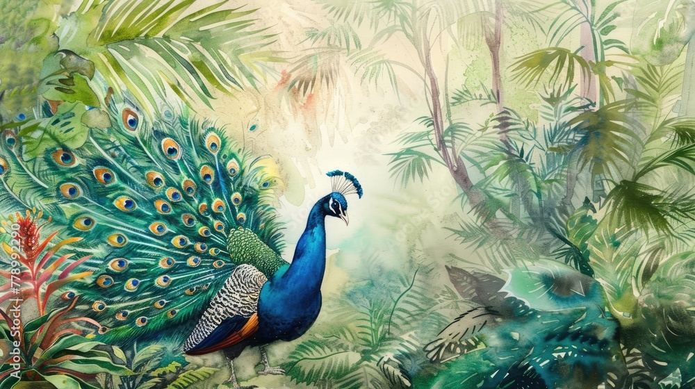 Fototapeta premium A watercolor scene of a peacock displaying its feathers in a lush garden