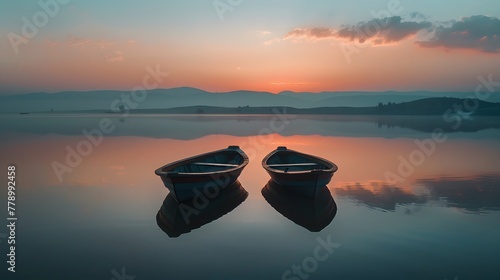 Twin boat at lake in Twilight after sunset 
