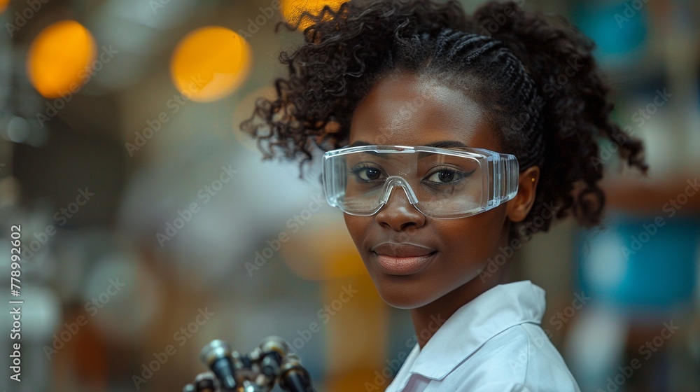A Black woman scientist in a lab coat, holding a groundbreaking ...