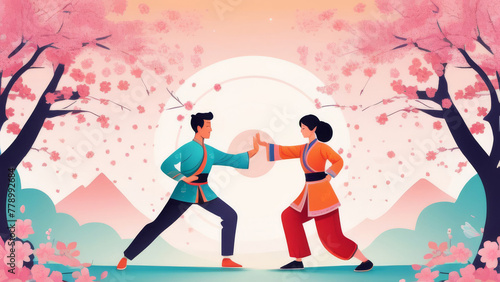 A woman and a man are engaged in martial arts, qigong or tai chi in the park near the cherry blossoms. Illustration