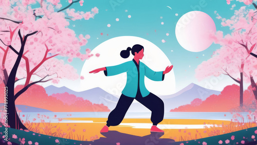 The girl is engaged in Chinese gymnastics, tai chi or qigong among cherry blossoms against the background of mountains. Active lifestyle. Illustration.