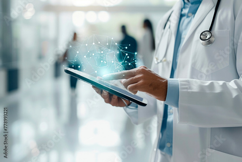Doctor diagnose digital patient record on virtual medical network on Computing electronic medical record. Digital healthcare and network connection interface, Global health care. Medical technology.