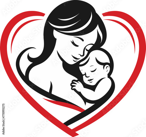 The woman holds her baby inside the heart symbol. Vector illustration.