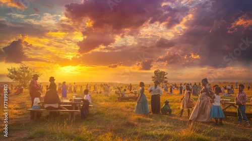 Rustic Outdoor Gathering at Sunset with Vibrant Sky and Community Interaction