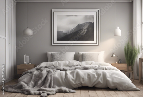 Mock up poster frame in hipster interior background bedroom Scandinavian style 3D render 3D illustra photo