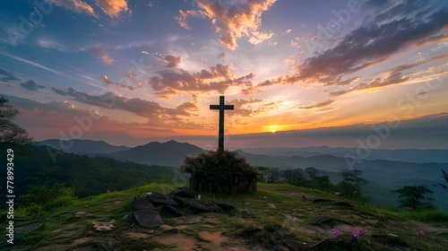 Proudly standing cross atop hill, framed by magnificent sky expanse