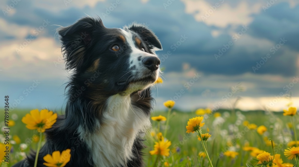 Border Collie in a field of flowers