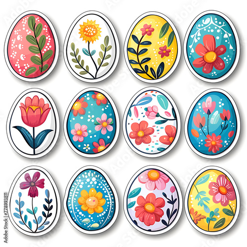 Easter symbols stickerpack, cute colorful eggs, christianity cross and spring flowers photo