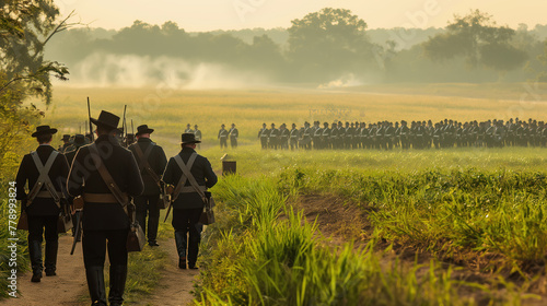 Historical Reenactment of Soldiers Marching through a Misty Field at Sunrise photo
