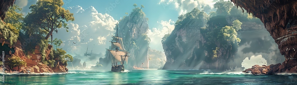 Naklejka premium the rugged charm of pirate havens in a graphic design that showcases towering cliffs, rough seas, and secret caves