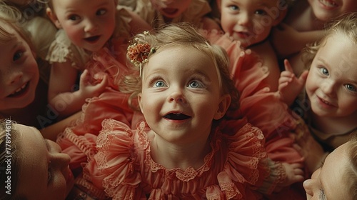 Baby in a tutu, surrounded by a circle of admiring guests