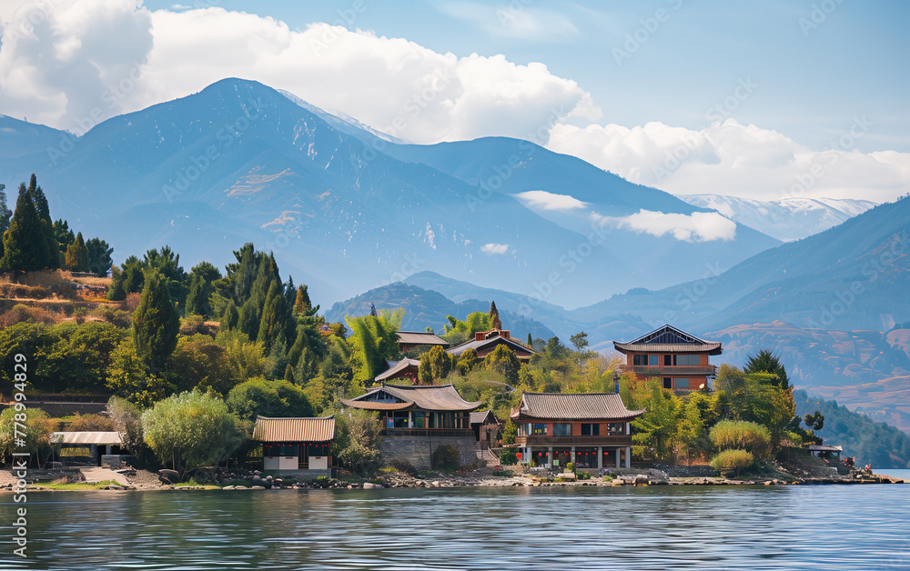 Lake scenery in Yunnan, China,created with Generative AI tecnology.