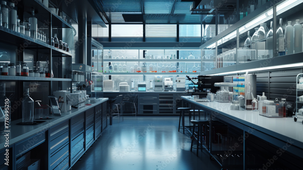 Fototapeta premium A modern pharmaceutical research laboratory with state-of-the-art equipment and lab benches, momentarily unoccupied but poised for scientific breakthroughs