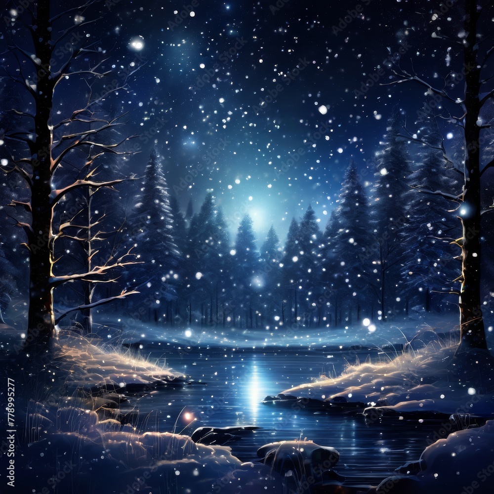 Snowflakes glinting under moonlight, each flake uniquely intricate ...