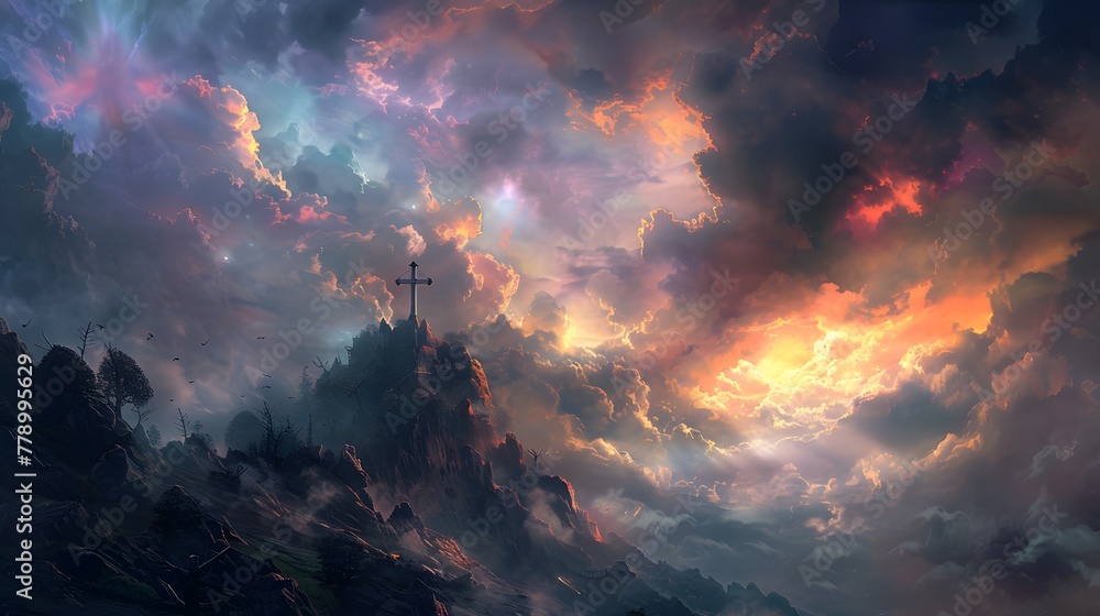 Cross stands on windswept hill beneath dramatic fantasy sky. Spiritual symbol.