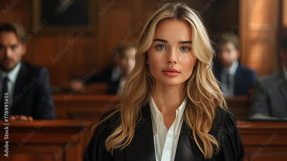 Blonde lawyer defending a client in court, her argumentation sharp and persuasive - obrazy, fototapety, plakaty 
