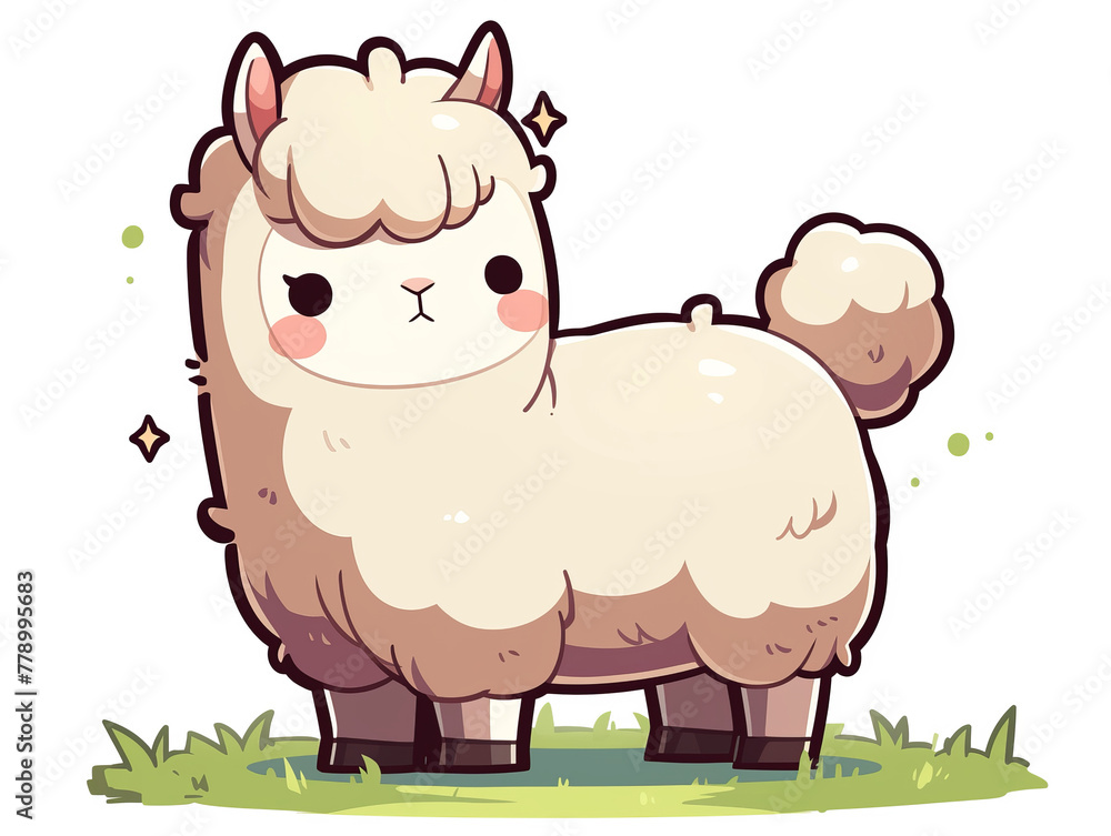 Fototapeta premium A cartoonish drawing of a white llama with a big fluffy tail