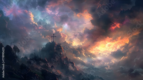 Cross stands on windswept hill beneath dramatic fantasy sky. Spiritual symbol. © dekreatif