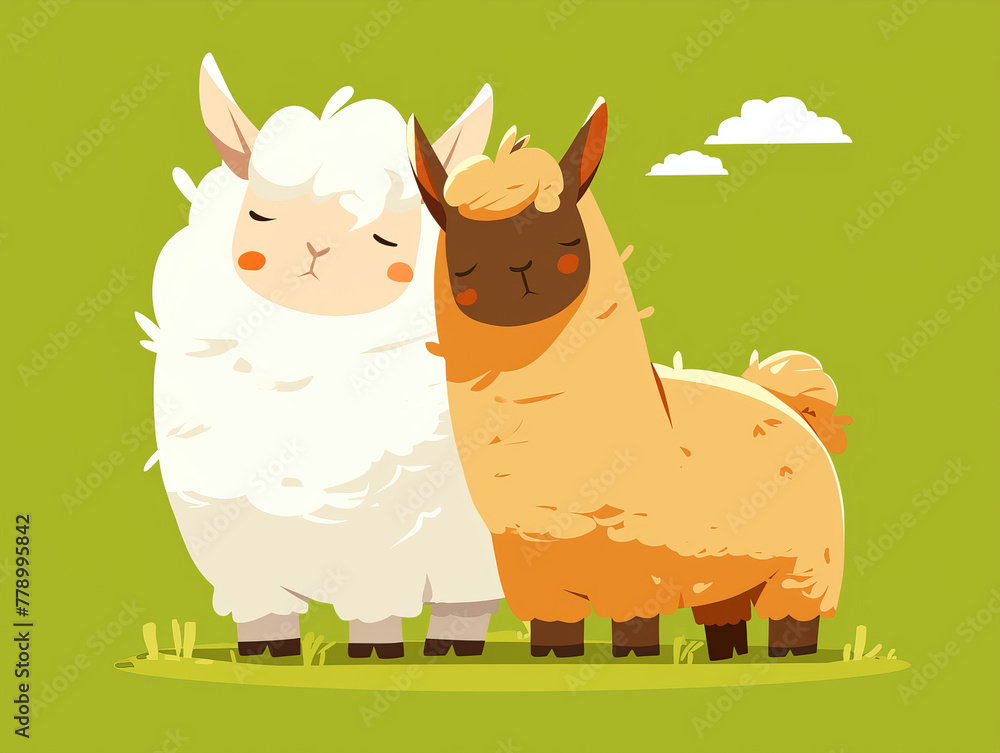 Naklejka premium Two cartoon sheep are standing next to each other on a green background
