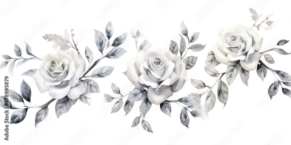 Silver roses watercolor clipart on white background, defined edges floral flower pattern background with copy space for design text or photo backdrop minimalistic  - obrazy, fototapety, plakaty 