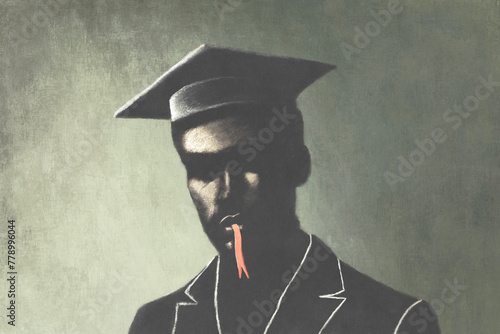 Fotografia Portrait illustration of a graduate man with snake tongue, bad education surreal