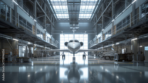 A sophisticated aerospace manufacturing facility with assembly lines and precision tools, momentarily idle but ready to build cutting-edge aircraft photo