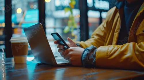 In coffee shop or cafe, man working with laptop computer, holding smart phone while holding coffee on table, casual business, startup business concept.