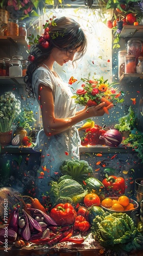 Nutritionist presenting health benefits with colorful vegetables, 2D Creative fantasy illustate