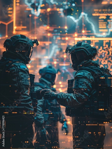 Soldiers planning a futuristic battle using AI for structural and tactical analysis