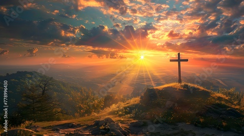 Cross on hill, bathed in golden light of dramatic fantasy sunrise. Spiritual concept.