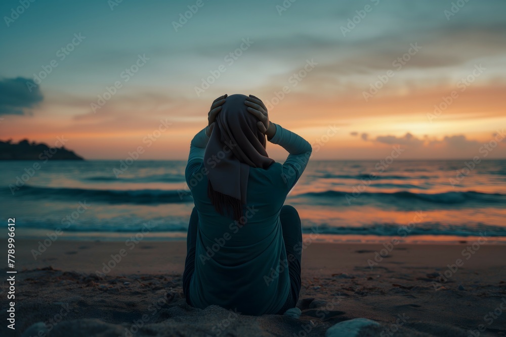 A girl having depression episode, alone by the beach road - obrazy, fototapety, plakaty 