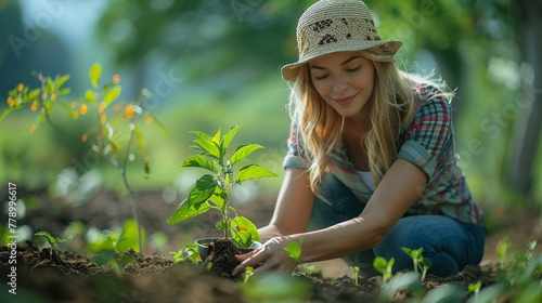 Blonde woman with a sunhat gardening, her hands nurturing new life