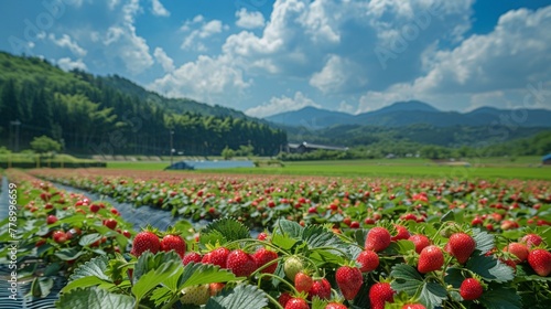 Tourists enjoying a sunny day in a vast strawberry field, capturing the essence of a popular attraction