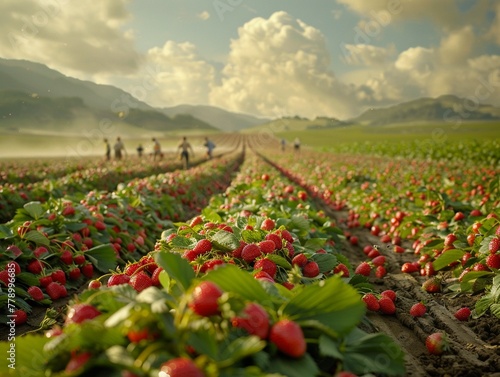 Tourists enjoying and picking strawberries in a vast, scenic field