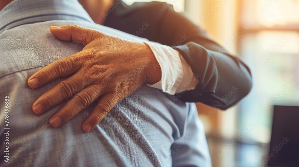 A manager placing a reassuring hand on an employee's shoulder, offering support amidst a challenging project.