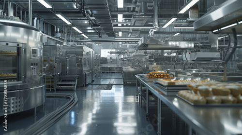 A busy food processing plant with stainless steel equipment and packaging lines, momentarily still but capable of creating a wide range of food products