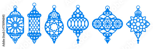 Set of ramadan lanterns, arabic lamps with patterns. Fanous lantern, flat, silhouette vintage design. Eastern, turkish, moroccan traditional lamp, from metal and glass. Vector illustration