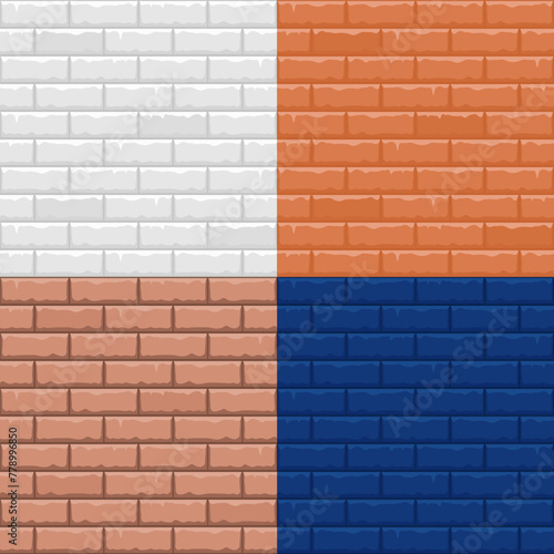 Brick wall, set of simple seamless patterns in various colors, brown, blue, red and white. Vector illustration