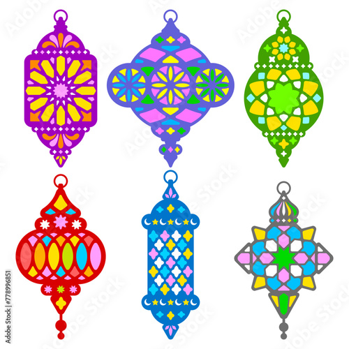 Set of ramadan lanterns, arabic lamps with colored patterns. Fanous lantern, flat, silhouette vintage design. Eastern, turkish, moroccan traditional lamp, from metal and glass. Vector illustration