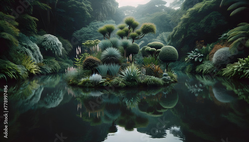 Tranquil image of a pond in a botanical garden, with a focus on the water's reflection of the surrounding flora,