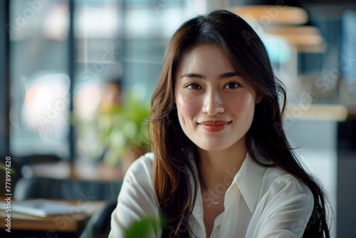 Beautiful young Asian woman in the office. Smiling girl in a white shirt at work